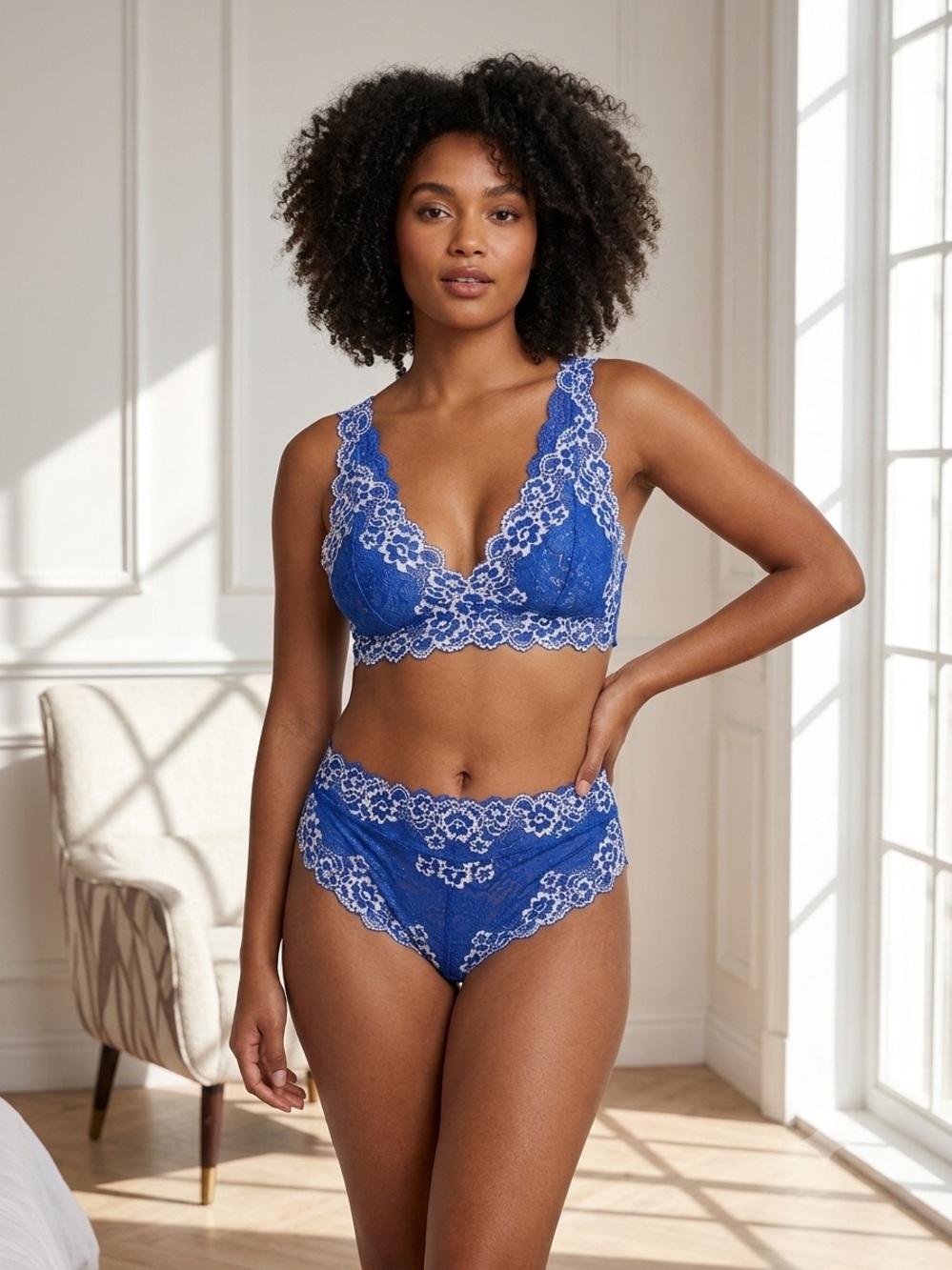 SHEIN XL Royal Blue White Floral Lace Bralette High Waist Panty Set